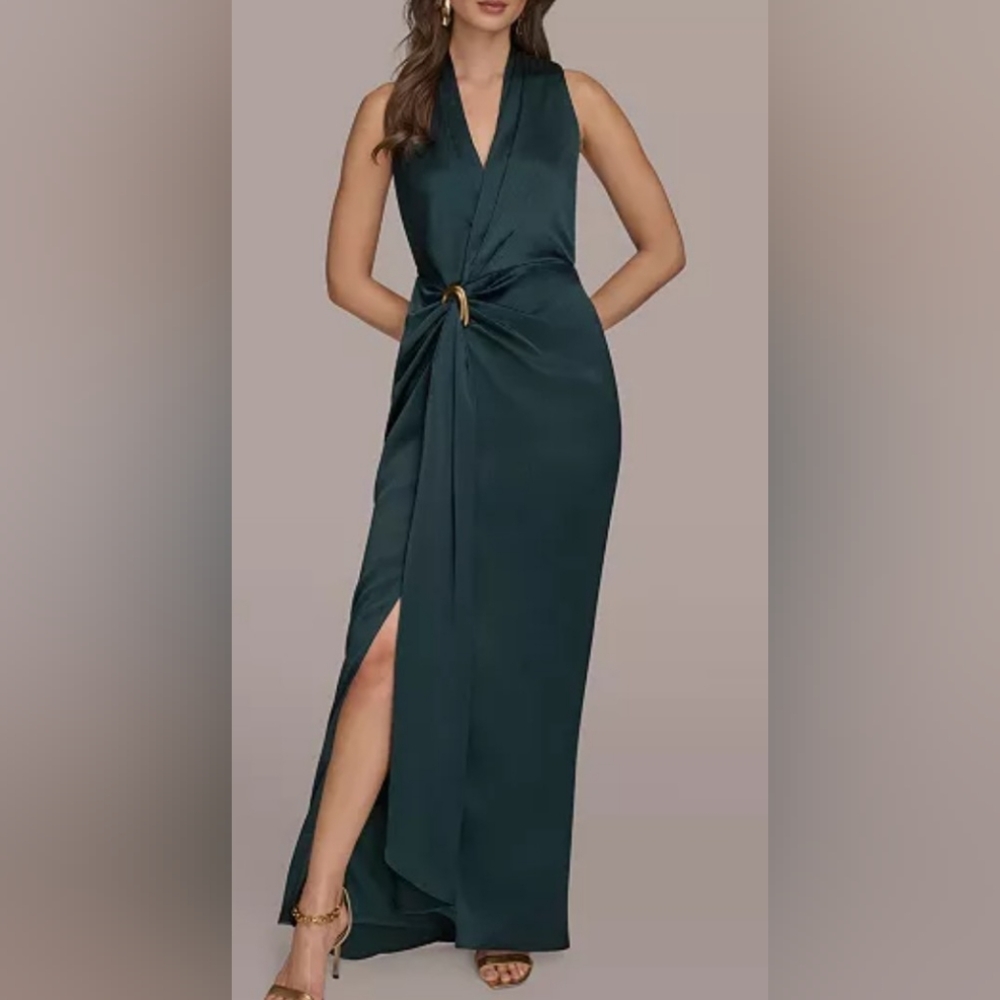 Donna Karan Emerald Green Satin Maxi Dress with Gold Accent